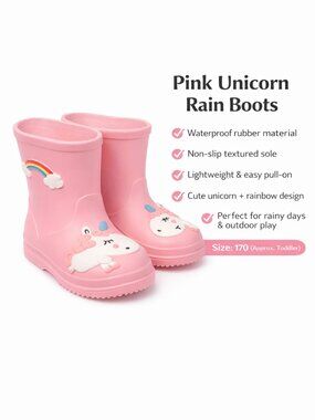 Cute Pink Unicorn Rain Boots Girls Toddler Waterproof Boots